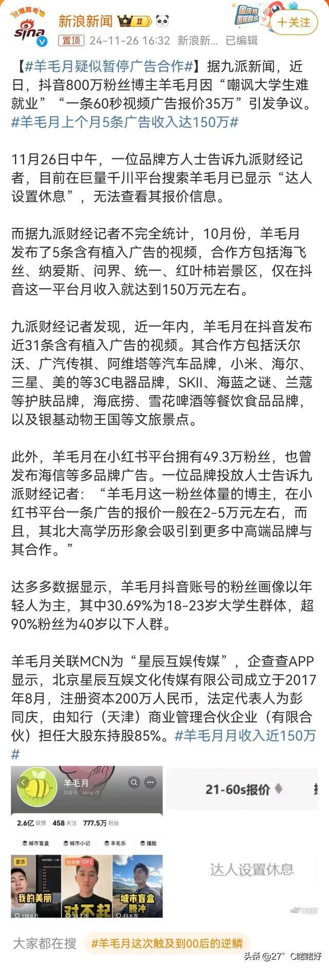 网红羊毛月被禁止关注